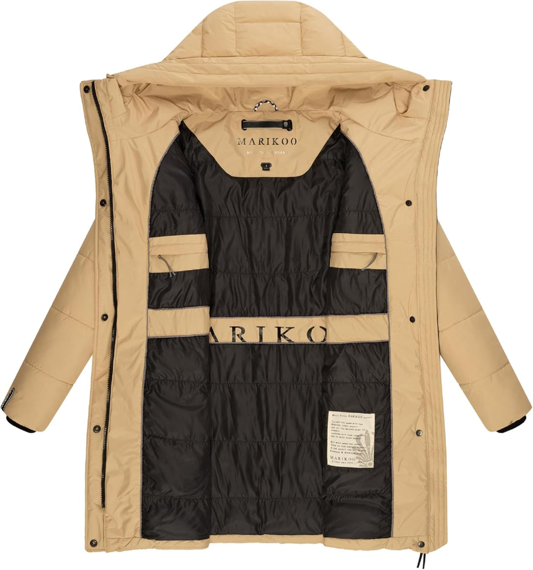MARIKOO Damen Wintermantel Warmer Steppmantel lang mit Kapuze und hohem Kragen Karumikoo XVI XS-3XL