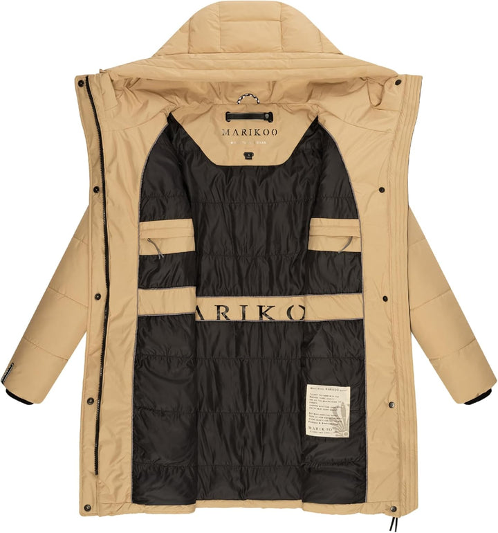 MARIKOO Damen Wintermantel Warmer Steppmantel lang mit Kapuze und hohem Kragen Karumikoo XVI XS-3XL
