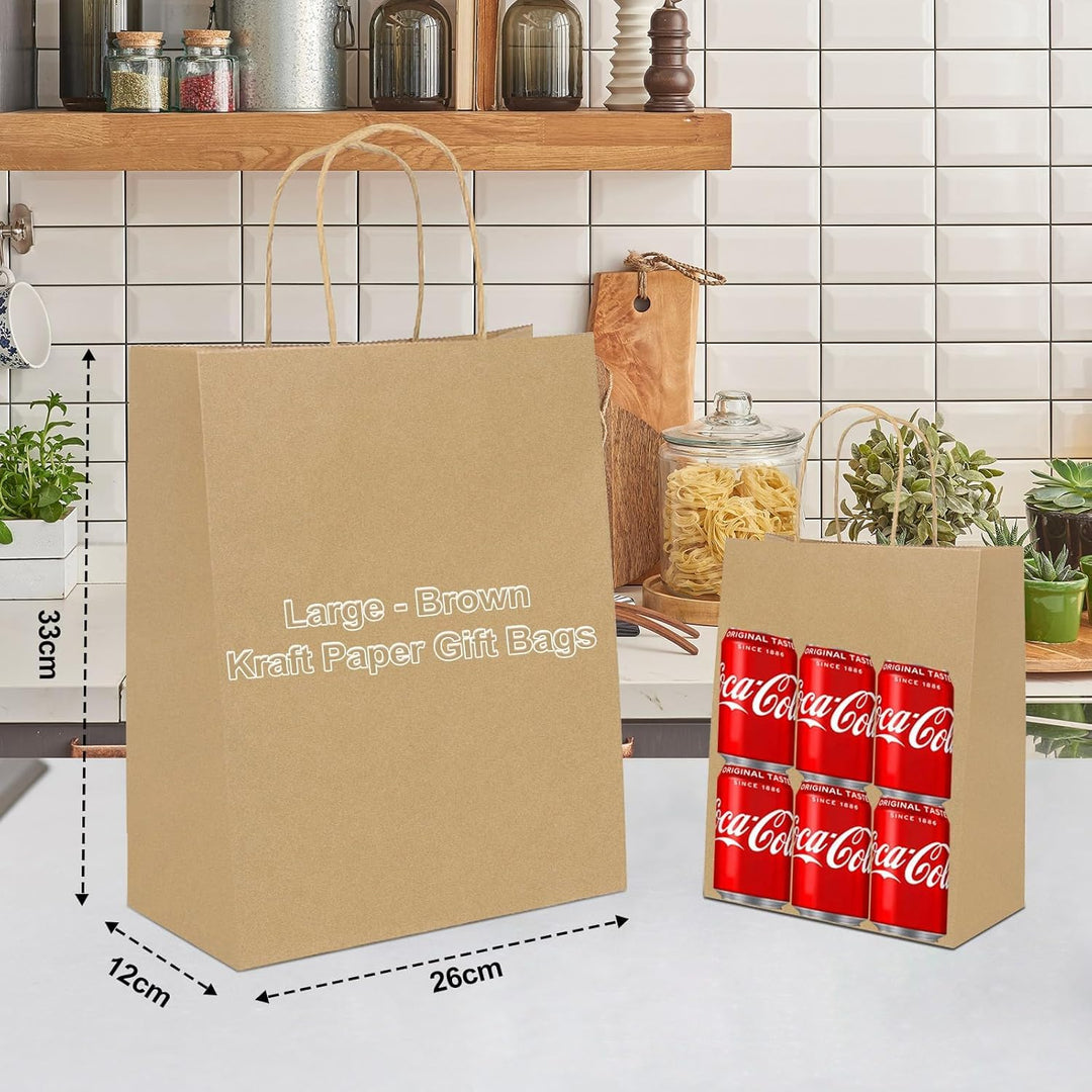 Gucass 50 Stück Gross Papiertüten mit Henkel, Braun Kraft Papiertaschen Geschenktüten, 26x12x33cm Pa