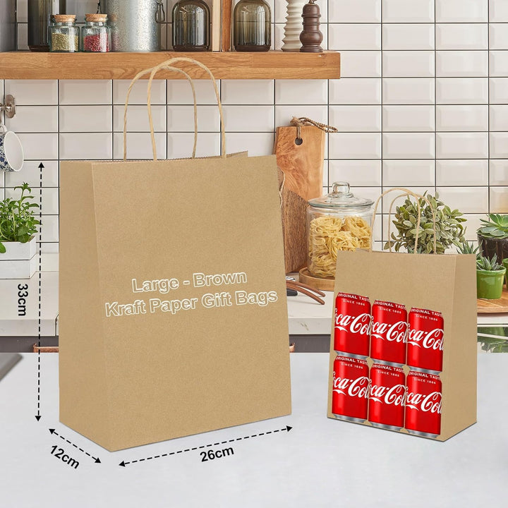 Gucass 50 Stück Gross Papiertüten mit Henkel, Braun Kraft Papiertaschen Geschenktüten, 26x12x33cm Pa