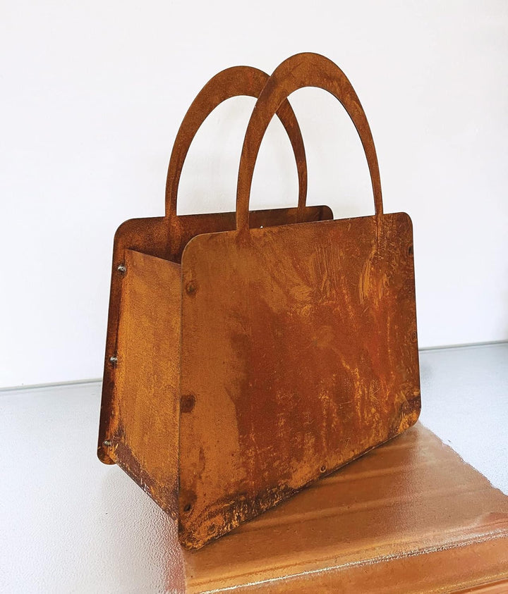 STEINFIGURENWELT GIEBEN Edelrost Handtasche mit 2 Blumen 27x32cm Tasche zum Bepflanzen Rost Pflanzta