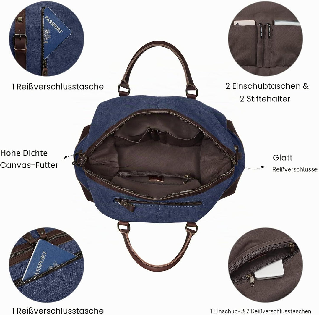 S-ZONE Reisetasche 52-55L Vintage Canvas Crazy Horse Leder Trim Unisex Handgepäck Weekender Tasche S