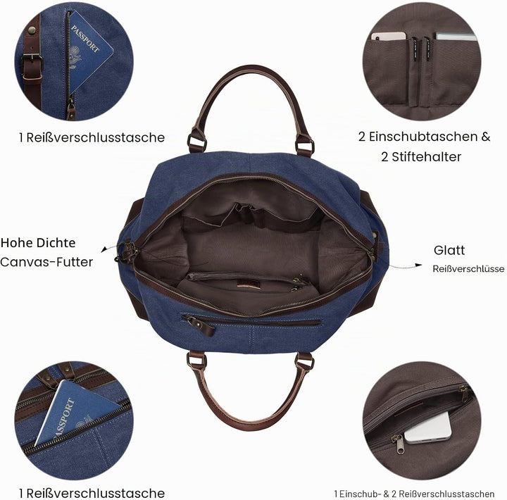 S-ZONE Reisetasche 52-55L Vintage Canvas Crazy Horse Leder Trim Unisex Handgepäck Weekender Tasche S