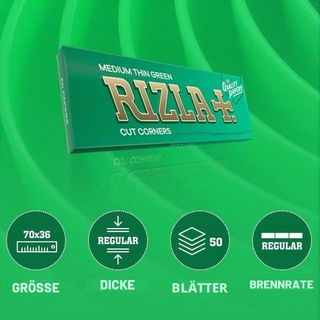 Rizla 50 Heftchen RIZLA Green Medium Thin, kurzes Zigarettenpapier mit Cut Corners 1 grün, 1 grün