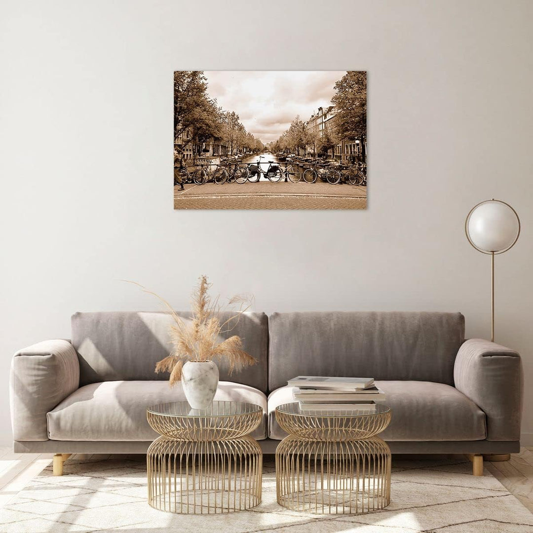 ARTTOR Bilder auf Glas Kanal Fahrräder Amsterdam Zentrum Glasbild 70x50cm Wandbilder Dekoration Wohn