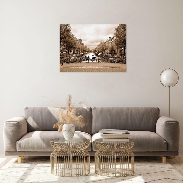 ARTTOR Bilder auf Glas Kanal Fahrräder Amsterdam Zentrum Glasbild 70x50cm Wandbilder Dekoration Wohn