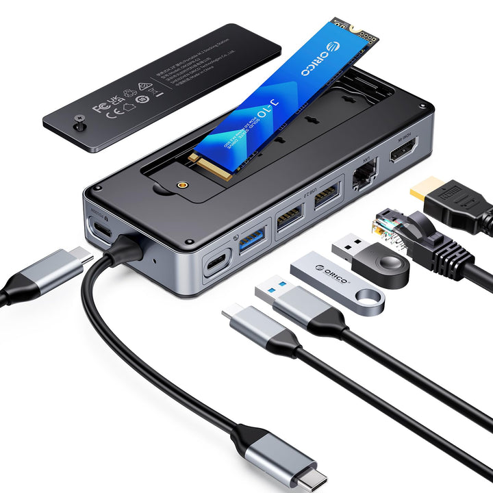 ORICO 8-in-1 USB C Docking Station mit M.2 SSD Gehäuse, USB C Hub für M.2 NVMe/SATA SSD, 10Gbps, 4K@