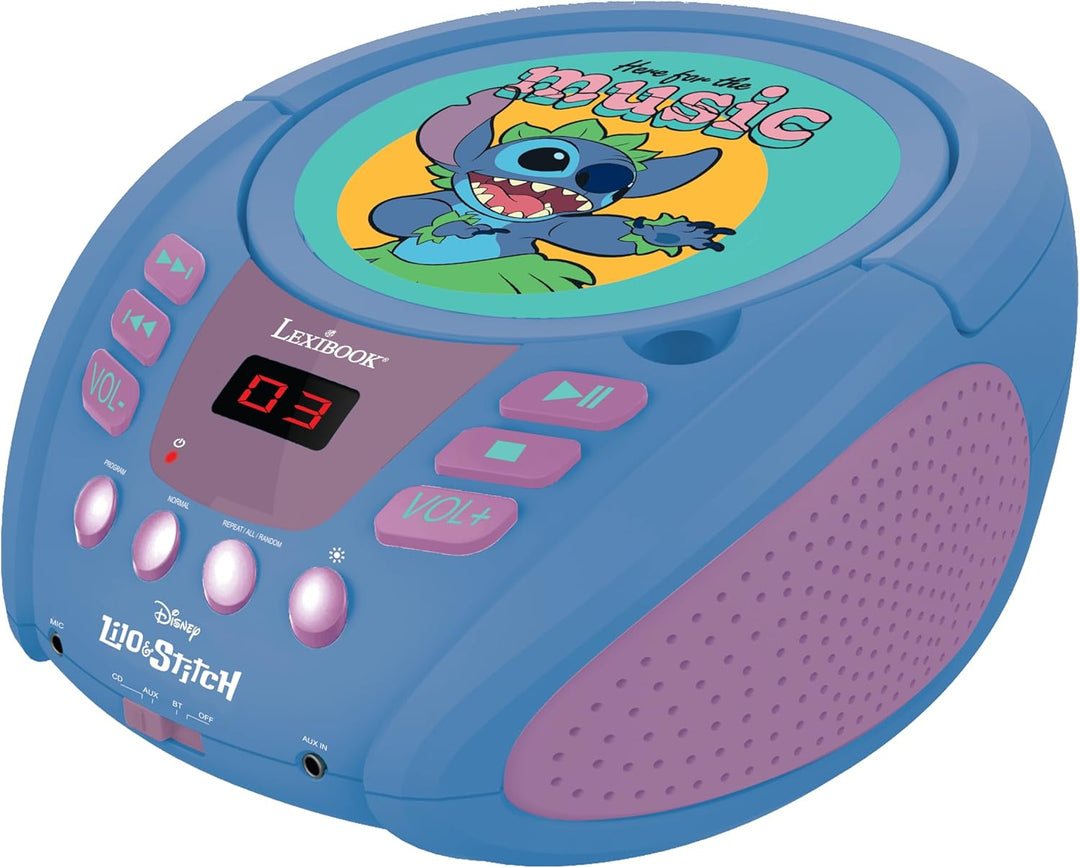 Lexibook - Disney Stitch - Bluetooth-CD-Player für Kinder - Tragbar, mehrfarbige Lichteffekte, Mikro
