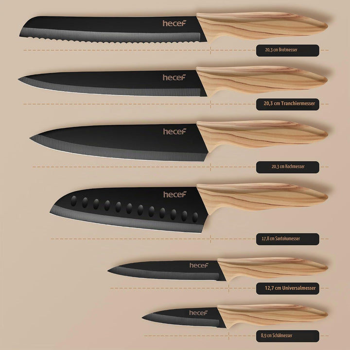 hecef Messerblock Set 6 Teilig, Edelstahl Küchenmesser mit Universalblock, Chefmesser &amp; Santoku, Ext