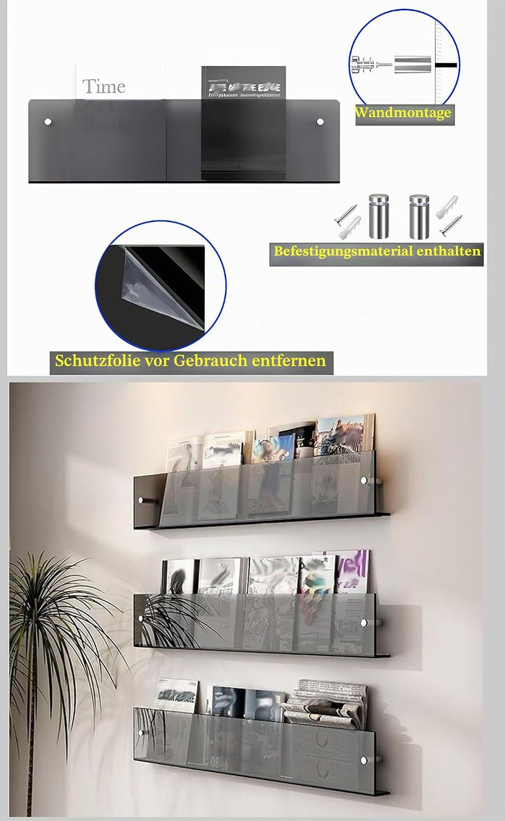 TUKA-i-AKUT 2er 60cm Wand Prospekthalter Acryl Extra Stark, Zeitschriftenhalter Wandregale für Zeits