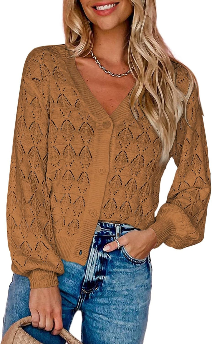 Dokotoo Damen Strickjacke V-Ausschnitt Kurzer Cardigan Elegant Langarm Leichter Strickpullover mit K
