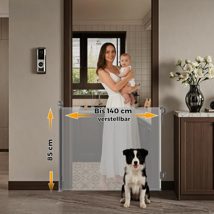 Allyson Treppenschutzgitter ausziehbar bis 140 cm, 86 cm hoch, Baby- und Haustier-Schutzgitter, Gerä