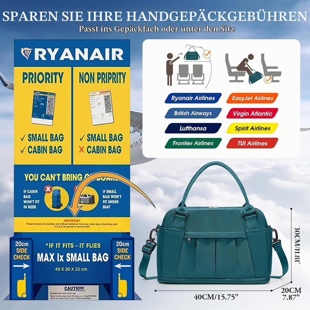 SEAFEW Reisetasche 24L, 40x30x20 Ryanair Handgepäck Tasche für Flugzeug Weekender Sporttasche Damen