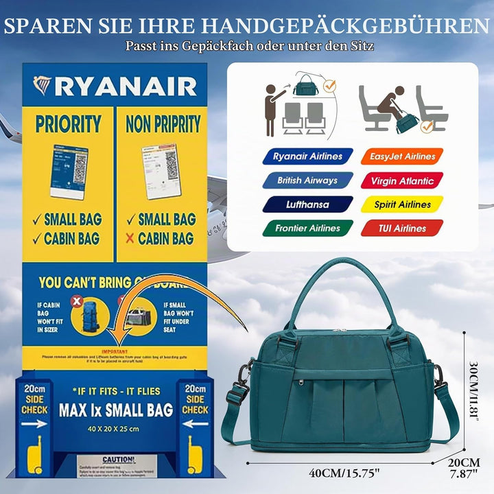 SEAFEW Reisetasche 24L, 40x30x20 Ryanair Handgepäck Tasche für Flugzeug Weekender Sporttasche Damen