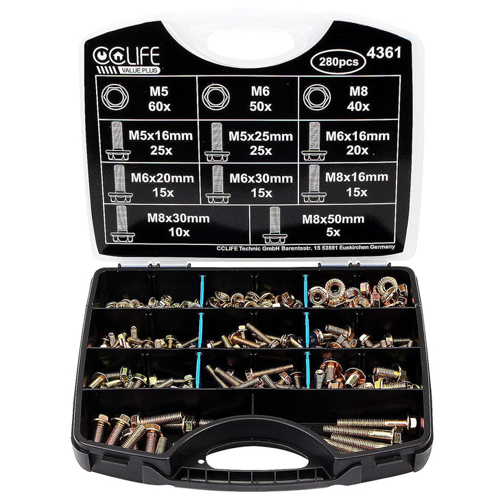 CCLIFE 280tlg Flansch Schrauben DIN 6921 und Muttern DIN 6923 Set Sechskantschrauben Vollgewinde Sor