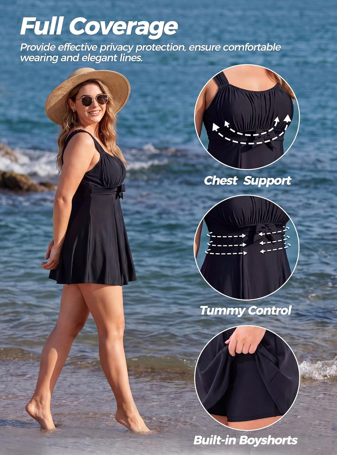 Wantdo Damen Badeanzüge Sommer Bauchweg Tankini Bademode mit Bügel Badekleid Einteiler Schlanke Stra