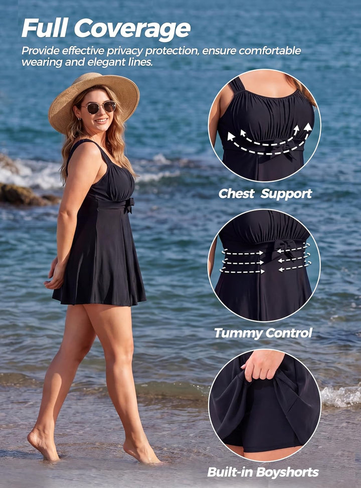 Wantdo Damen Badeanzüge Sommer Bauchweg Tankini Bademode mit Bügel Badekleid Einteiler Schlanke Stra