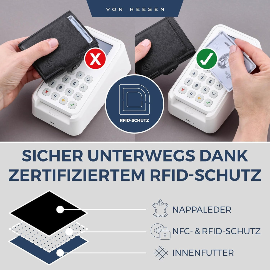 VON HEESEN Slim Wallet mit XXL Münzfach & RFID-Schutz - Leder Geldbeutel - Mini Geldbörse für Herren