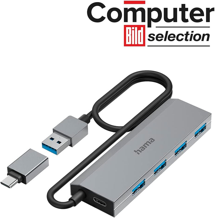 Hama USB-Hub 4 Ports (USB-A und USB-C-Anschluss, mit Netzteil, 4x USB-A für Maus, Tastatur, externe
