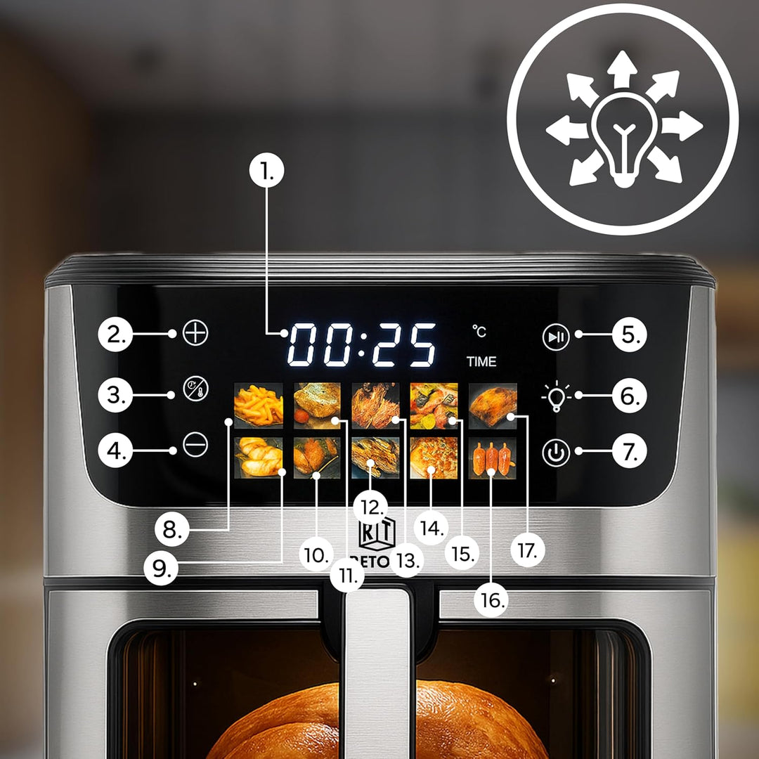 Retoo Heissluftfritteuse 6.5L 1800W, 10 Programmen Friteuse Heissluft, max 200°C, Air Fryer bis zu 9