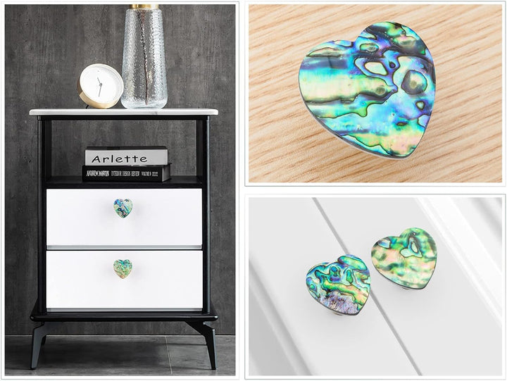mookaitedecor Satz von 4 Herz Form Abalone Shell Cabinet Knobs mit Schrauben, dekorative Stein zieht