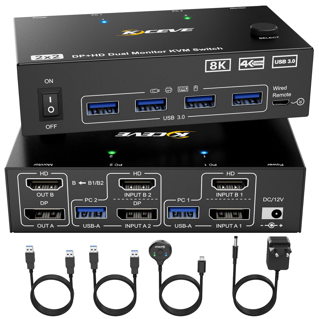 KVM Switch 2 PC 2 Monitore 8K, Displayport + HDMI USB 3.0 KVM Umschalter für zwei Monitore, Unterstü