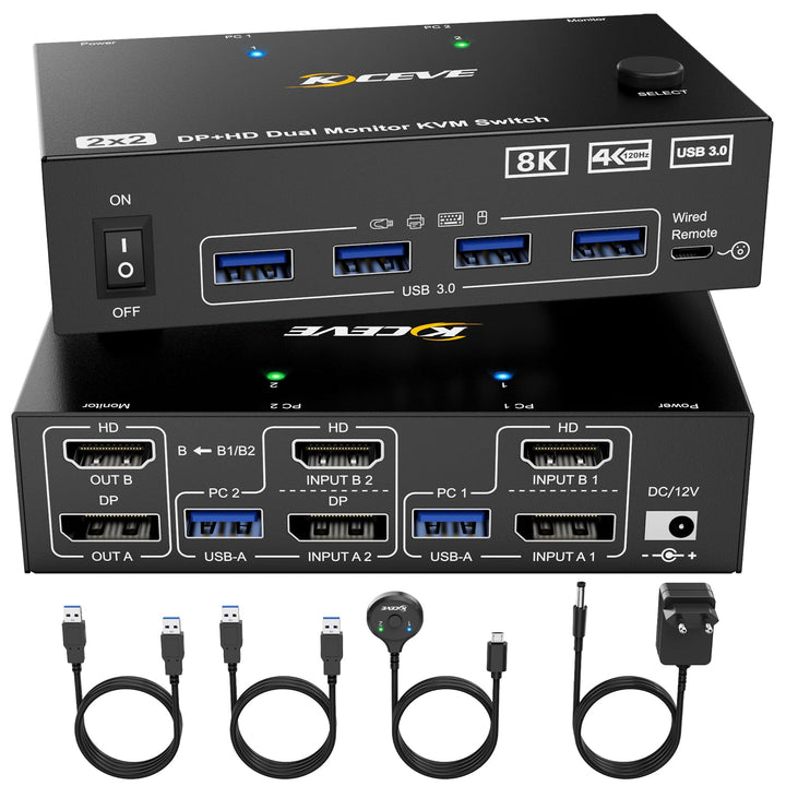KVM Switch 2 PC 2 Monitore 8K, Displayport + HDMI USB 3.0 KVM Umschalter für zwei Monitore, Unterstü