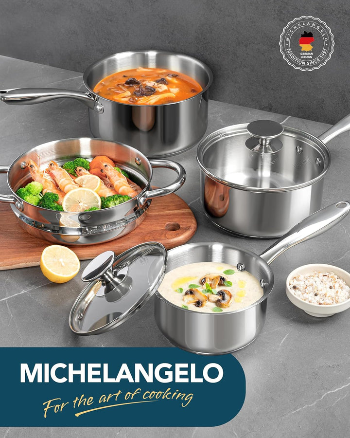 MICHELANGELO Kochtöpfe mit Deckel und Dampfgarer, 7-teilig, Edelstahl-Topf-Set mit dreifachem Boden,