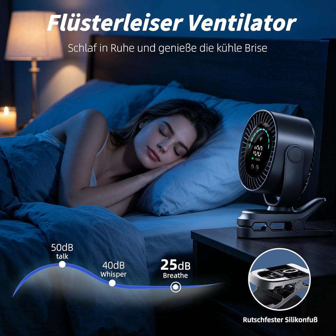 Clip Ventilator, Tragbarer Tischventilator Akku, 5 Geschwindigkeiten Leise Ventilator mit LED Displa