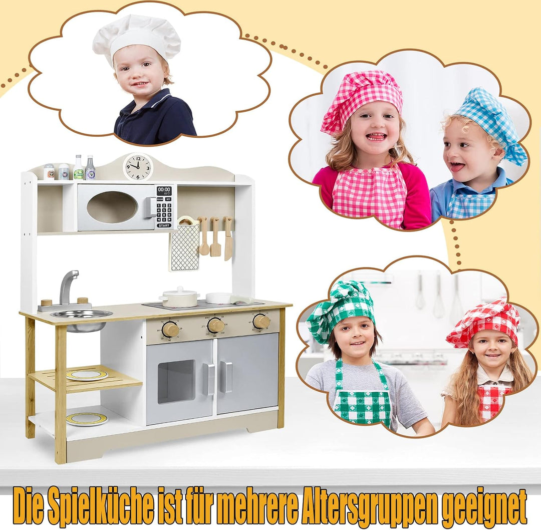 YRHome Kinderküche Holzküche Spielküche 68x26x78cm für Kinder Küchenzeile Zubehör Spielset mit 2 Koc