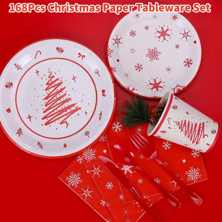 KAHEIGN 168Pcs Weihnachten Geschirr Set für 24 Personen, Papier Partygeschirrset mit 24Sets Speisete