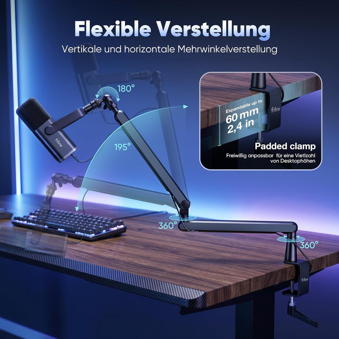 FIFINE Mikrofon Arm, flach einstellbarer Stangen Mikrofon Ständer mit Mikrofonclip, Schraubenadapter
