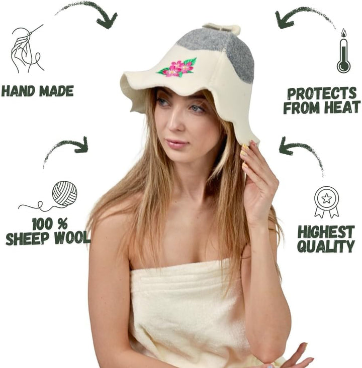 Natural Textile Saunahut 'Sauna Flower' White - 100% organische Wollfilzmützen - Schützen Sie Ihren