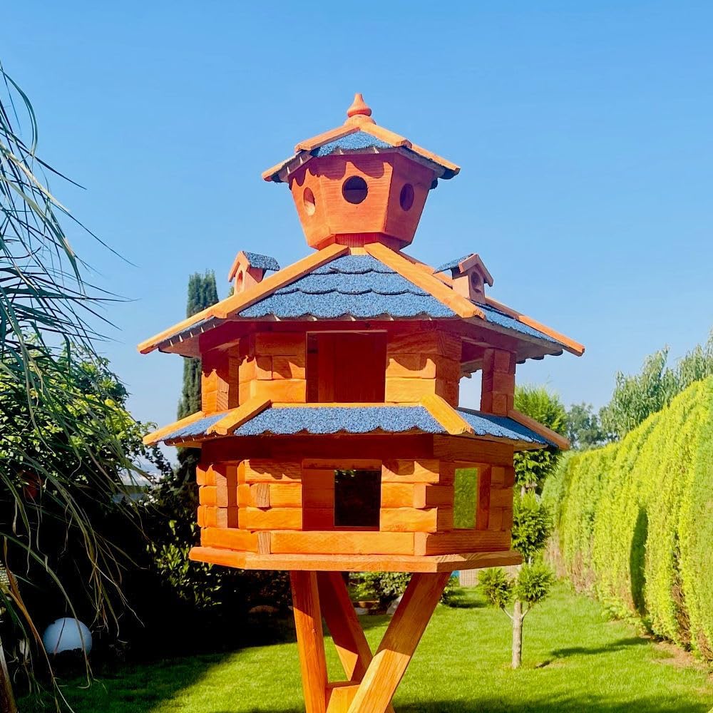 DARLUX Vogelvilla wetterfest von L bis XXL Futterhaus Vogelhaus mit oder ohne Ständer in Braun mit R