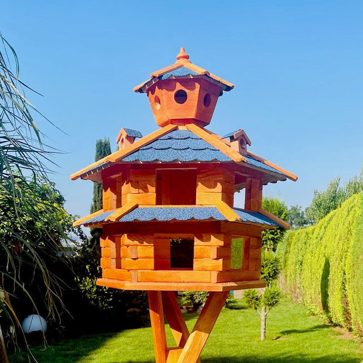 DARLUX Vogelvilla wetterfest von L bis XXL Futterhaus Vogelhaus mit oder ohne Ständer in Braun mit R