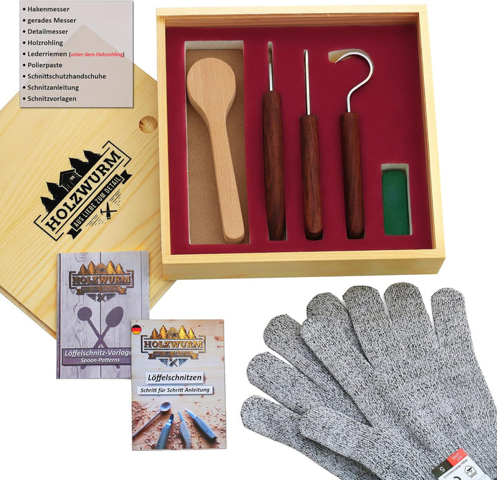 HOLZWURM Schnitzmesser Set in Holzbox inkl Holzrohling, Anleitung & Schnittschutzhandschuhe - umfang
