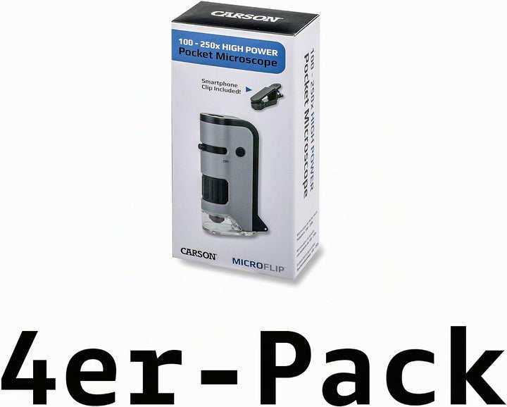 Carson MicroFlip 100x-250x Taschenmikroskop mit Smartphone-Adapter für Fotos und Videos - 4er Set (M