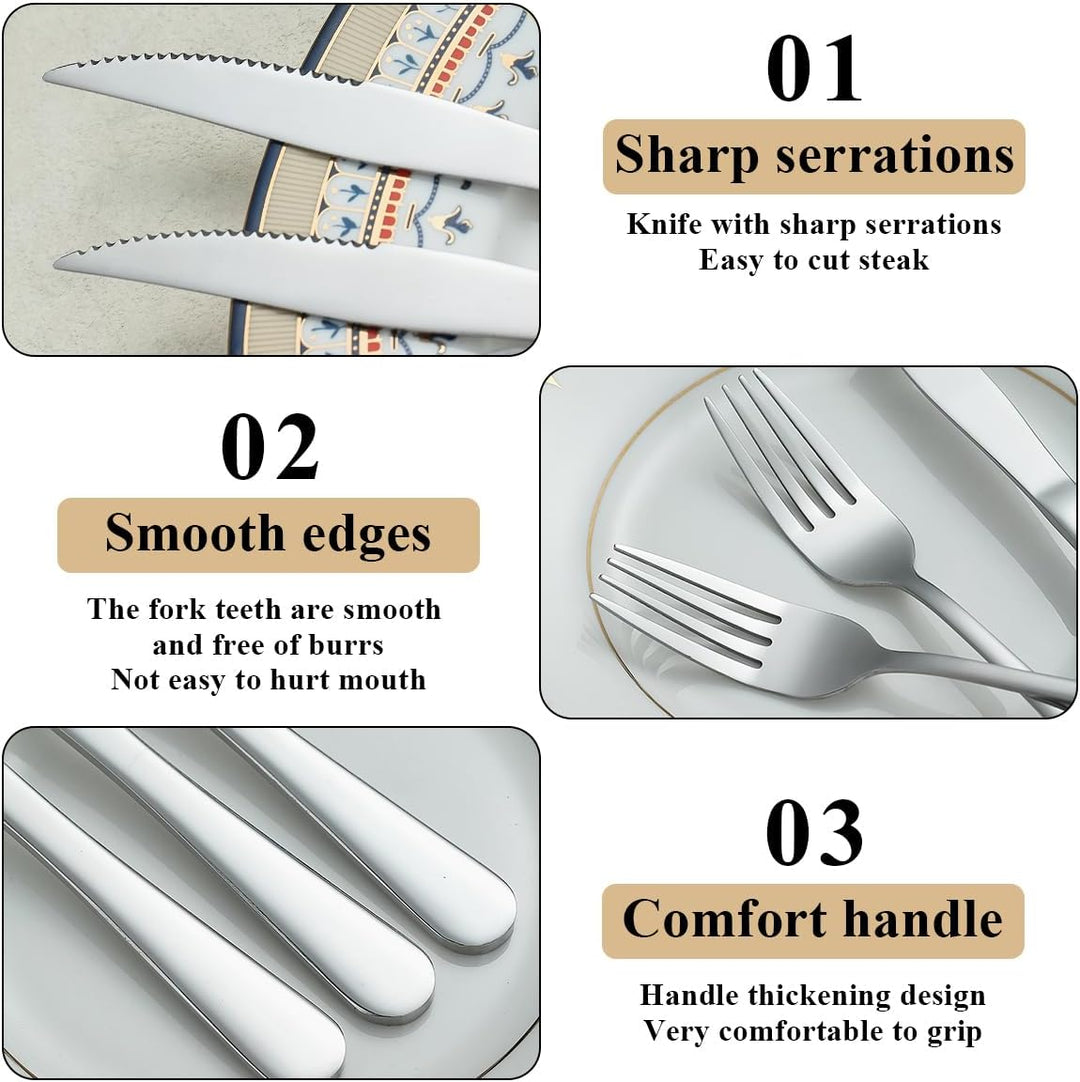 Evanda Steakbesteck 24 teilig, Edelstahl 12 Tafelgabeln und 12 Tafelmesser Set, Steakmesser Steakgab