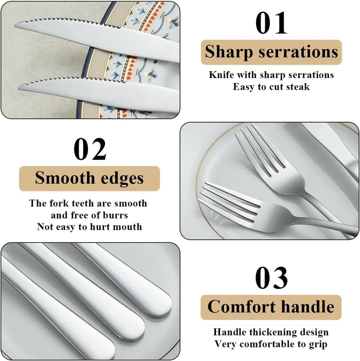Evanda Steakbesteck 24 teilig, Edelstahl 12 Tafelgabeln und 12 Tafelmesser Set, Steakmesser Steakgab
