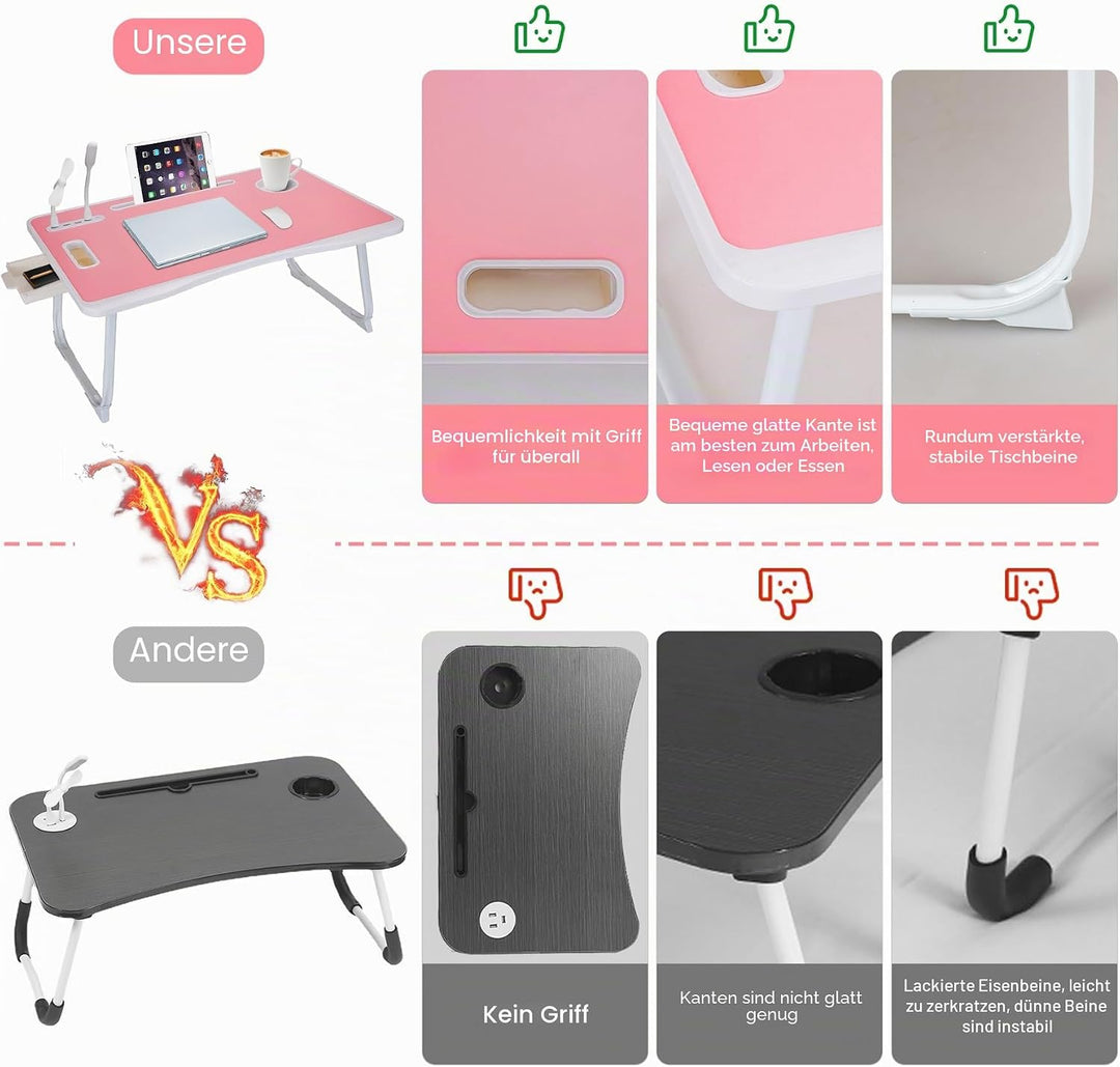 Laptop Betttisch, Faltbarer Laptop-Betttisch mit USB-Ladeanschluss, Griff, Kartenfach, Becherhalter,