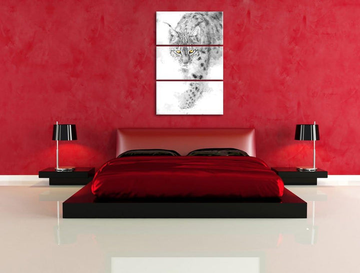 wachsamer Luchs im Schnee schwarz/weiss Deluxe 3-Teiler Leinwandbild 120x80 Bild auf Leinwand, XXL r