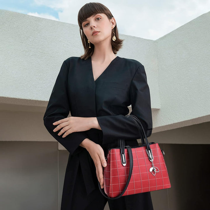 NICOLE & DORIS Damen Handtasche Mittelgross Elegant Handtaschen Karierte Tasche PU Leder Schultertas