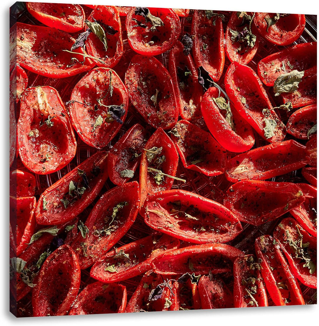 Pixxprint Tomaten Olivenöl Kräuter als Leinwandbild/Grösse: 70x70 cm/Wandbild/Kunstdruck/fertig besp