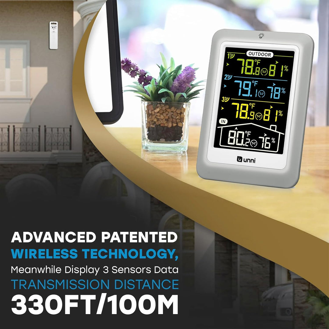 U UNNI Funk Wetterstation mit 3 Aussensensoren, 4.5 Zoll Display Temperatur Feuchte Monitor mit 330
