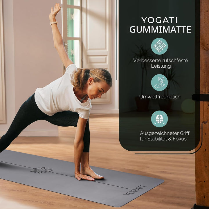 YOGATI® Yogamatte rutschfest Naturkautschuk mit Tasche - Yoga Matte gross mit Markierung, Sportmatte
