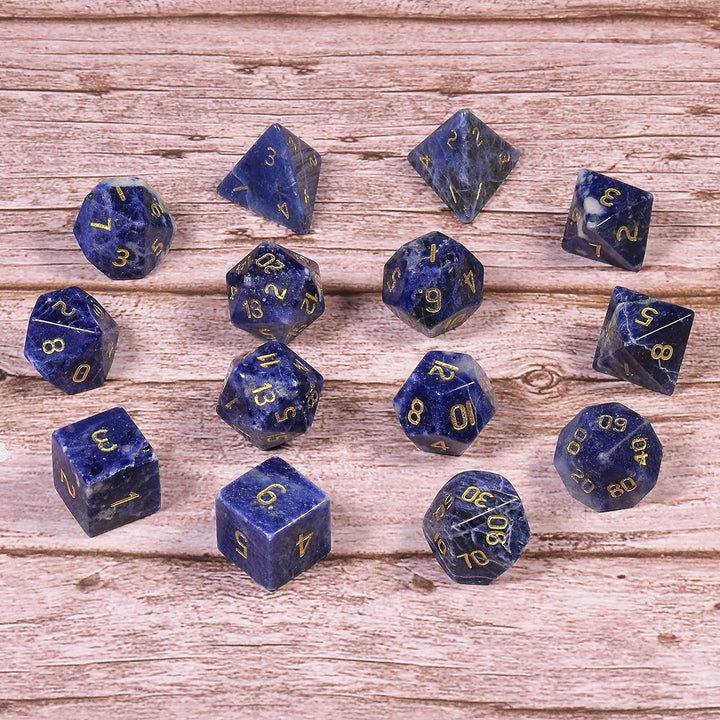 KYEYGWO Sodalith Kristall Polyedrische Würfel Set, 7pcs Reiki Heilung Stein Polyedrischer Spielwürfe