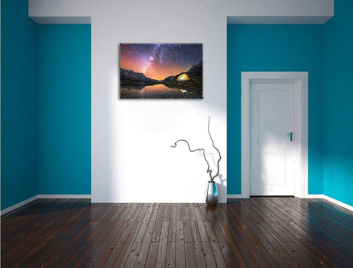 Pixxprint Zelten unter tausenden Sternen Kunst Buntstift Effekt, Format: 100x70 auf Leinwand, XXL ri