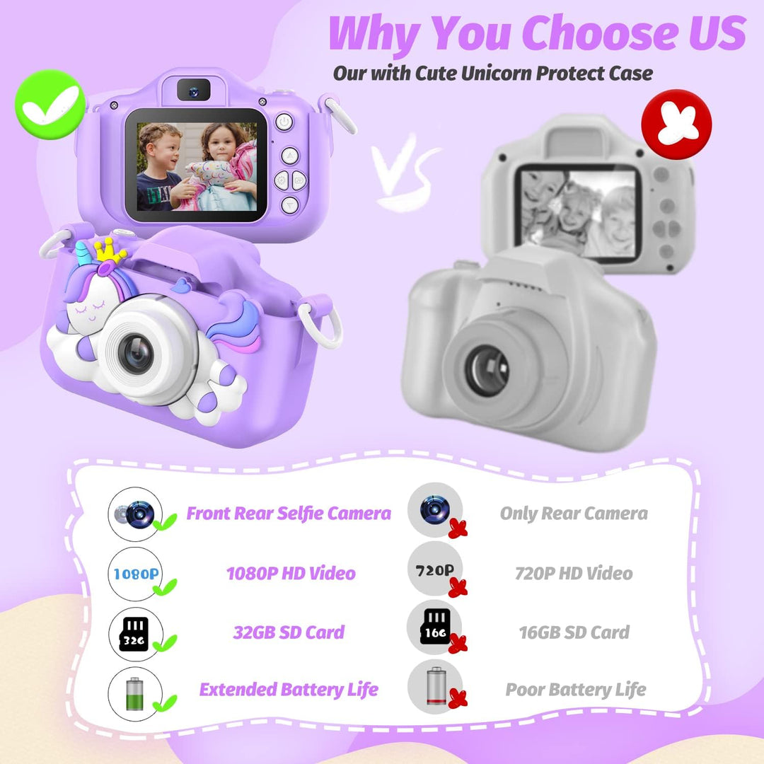 HOOMOON Dinosaurier Kamera für Kinder, Selfie-Kamera, Spielzeug, Mädchen, Jungen, SD-Karte 32 GB, HD