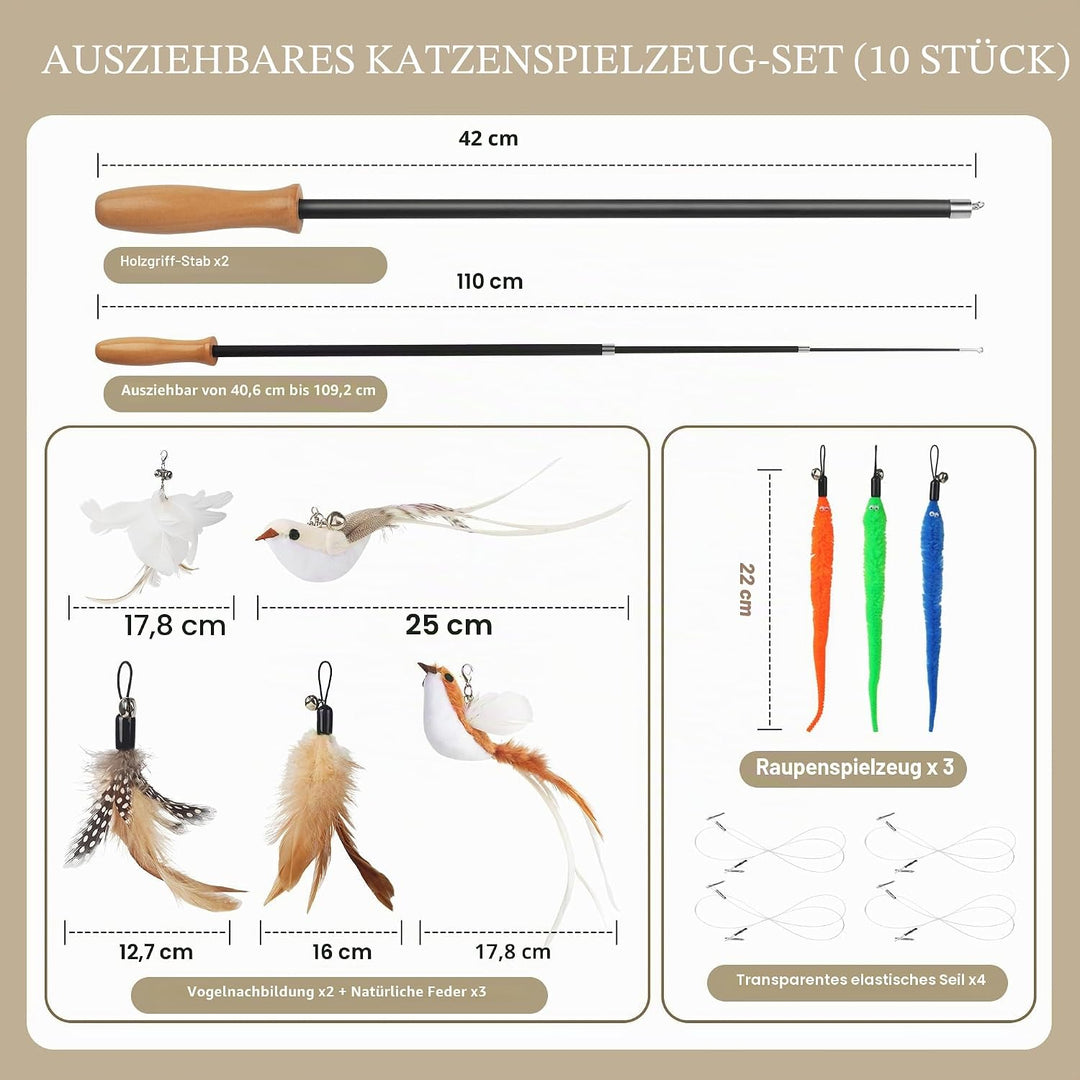 14 Stück Katzenspielzeug, Katzen Spielzeug Set mit 2 Langen Katzenengel, 4 Angelschnüren, 2 Vogel, 3
