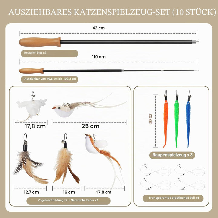 14 Stück Katzenspielzeug, Katzen Spielzeug Set mit 2 Langen Katzenengel, 4 Angelschnüren, 2 Vogel, 3